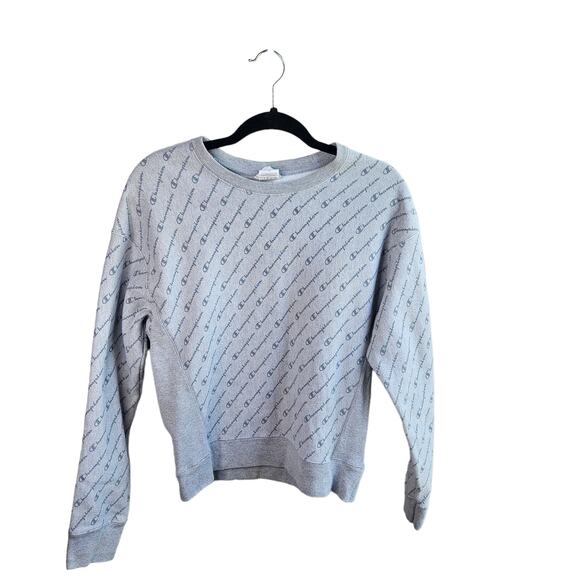 🦃 Champion Sweater Diagonal Logo Fleece Lined Gray Sweatshirt Sz Medium - Picture 1 of 9